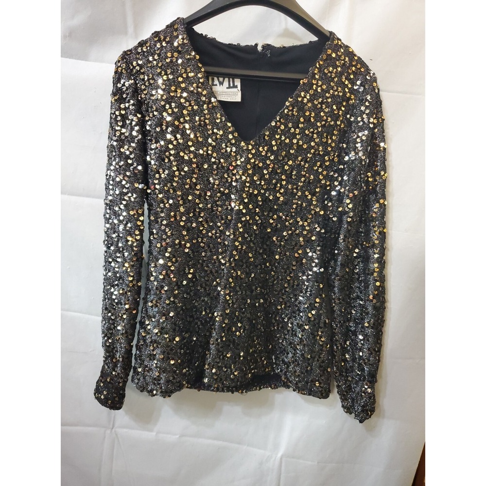 Vtg Longsleeve‎ Sequinced Shirt Sz 8 Women Black & Gold V Neck Cuffs Back Zip